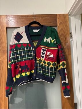 Multicolor Dog Motif Knit Cardigan Sweater - Green/Red/Navy